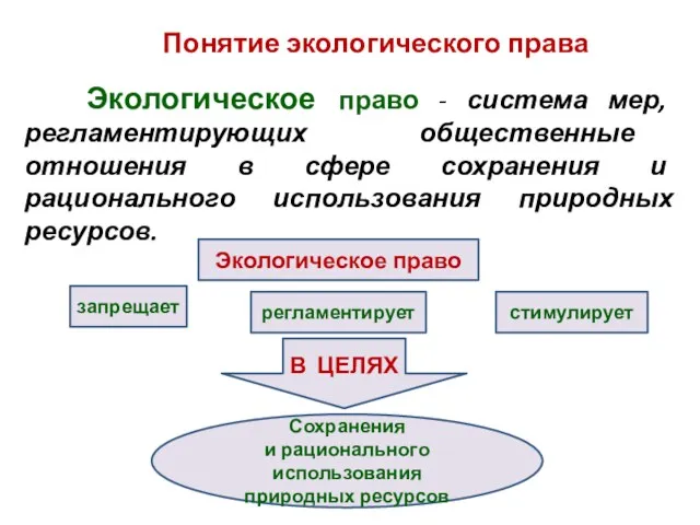 Понятие экологического права Экологическое право - система мер, регламентирующих общественные