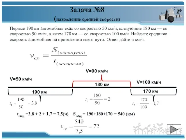 Задача №8 (нахождение средней скорости) Первые 190 км автомобиль ехал