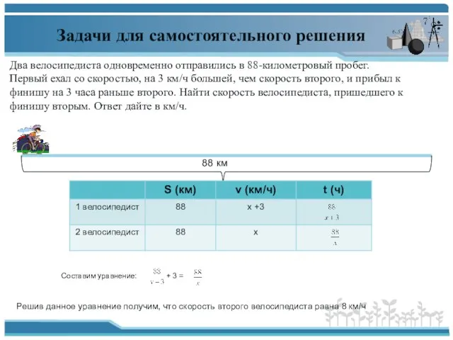 Задачи для самостоятельного решения Два велосипедиста одновременно отправились в 88-километровый