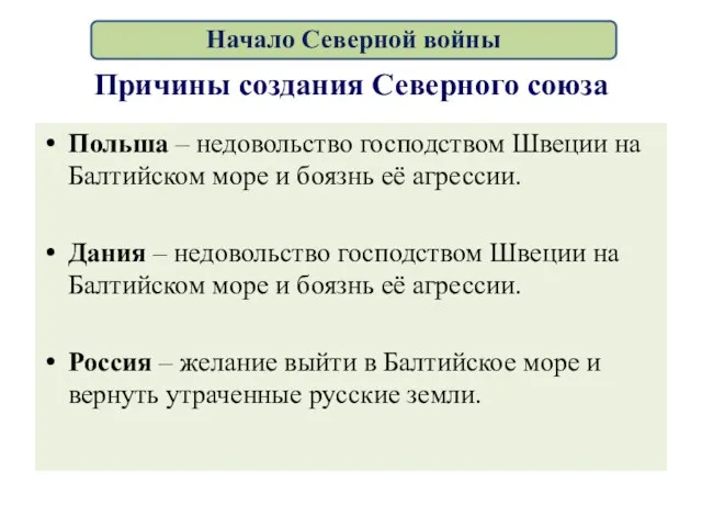 Причины создания Северного союза Польша – недовольство господством Швеции на