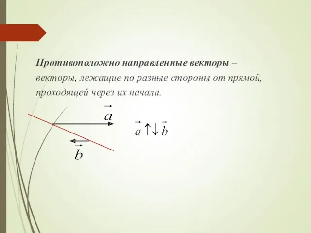 Противоположно направленные векторы – векторы, лежащие по разные стороны от прямой, проходящей через их начала.