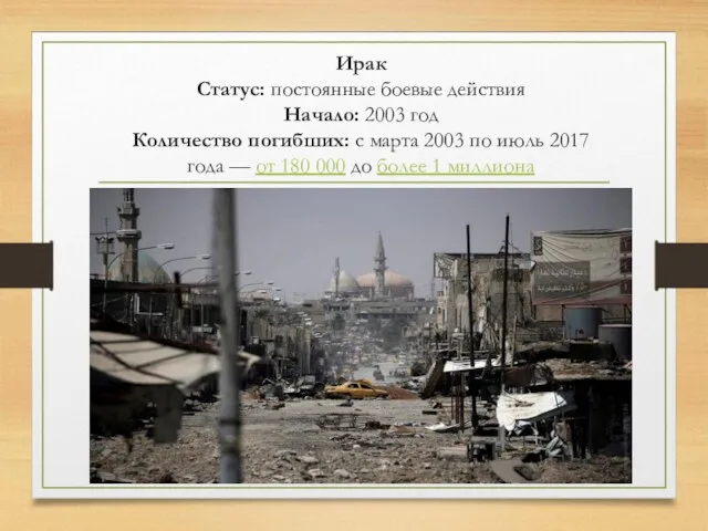 Ирак Статус: постоянные боевые действия Начало: 2003 год Количество погибших: