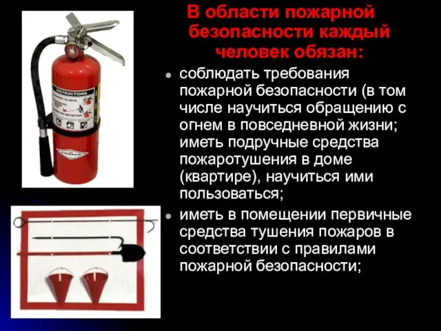 В области пожарной безопасности каждый человек обязан: соблюдать требования пожарной