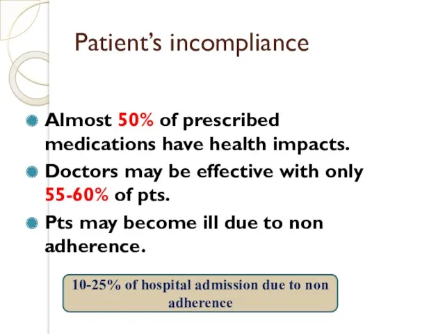 Patient’s incompliance Almost 50% of prescribed medications have health impacts.