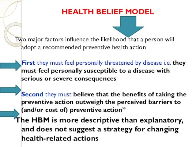 HEALTH BELIEF MODEL Two major factors influence the likelihood that