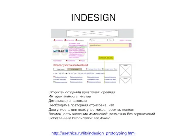 INDESIGN Среда http://usethics.ru/lib/indesign_prototyping.html Скорость создания прототипа: средняя Интерактивность: низкая Детализация:
