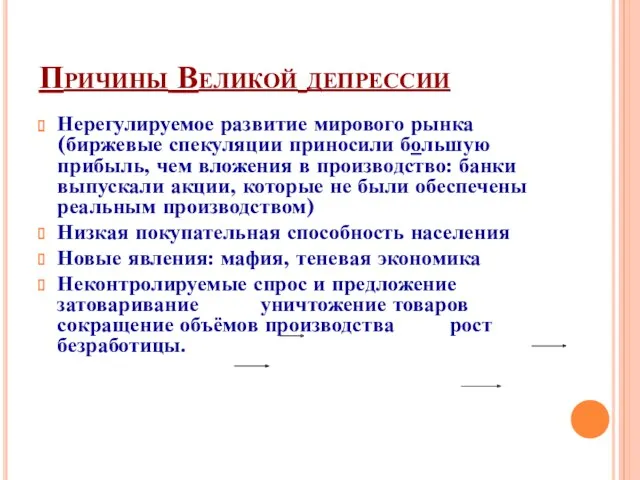 Причины Великой депрессии Нерегулируемое развитие мирового рынка (биржевые спекуляции приносили