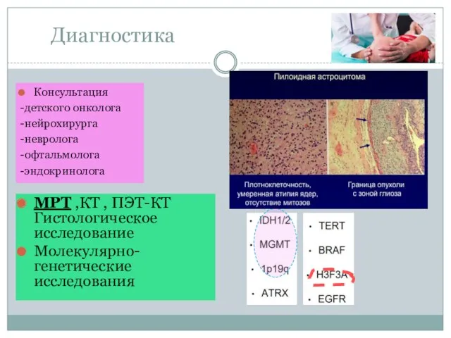 Диагностика МРТ ,КТ , ПЭТ-КТ Гистологическое исследование Молекулярно-генетические исследования Консультация -детского онколога -нейрохирурга -невролога -офтальмолога -эндокринолога