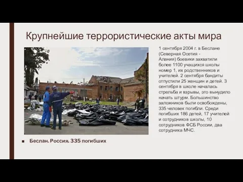 Крупнейшие террористические акты мира Беслан. Россия. 335 погибших 1 сентября