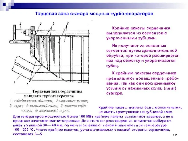 Торцевая зона статора мощных турбогенераторов Крайние пакеты сердечника выполняются из