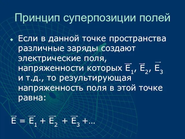 Принцип суперпозиции полей Если в данной точке пространства различные заряды