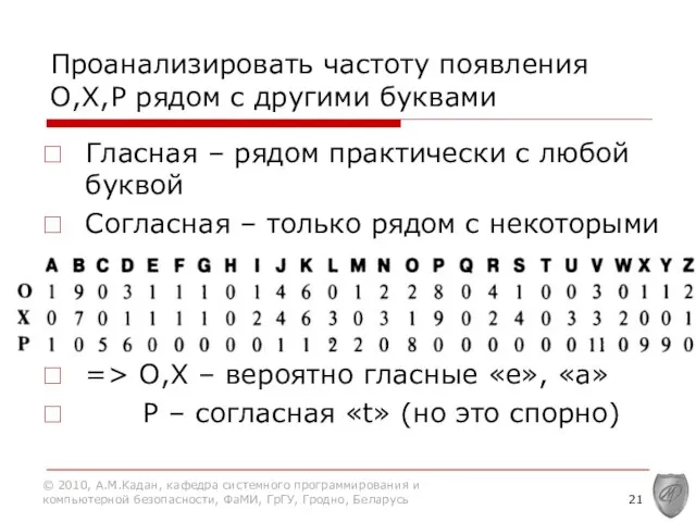 Проанализировать частоту появления O,X,P рядом с другими буквами Гласная – рядом практически с