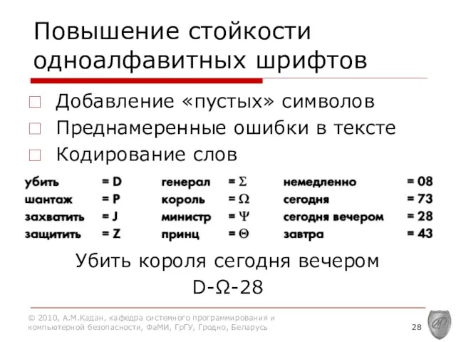 Повышение стойкости одноалфавитных шрифтов Добавление «пустых» символов Преднамеренные ошибки в