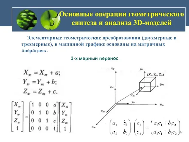 Основные операции геометрического синтеза и анализа 3D-моделей Элементарные геометрические преобразования