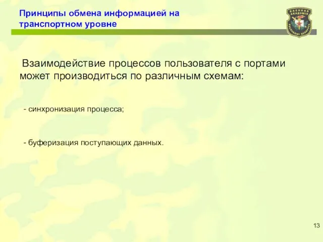 Принципы обмена информацией на транспортном уровне Взаимодействие процессов пользователя с