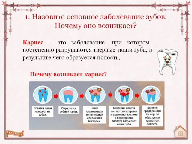 1. Назовите основное заболевание зубов. Почему оно возникает? Кариес –