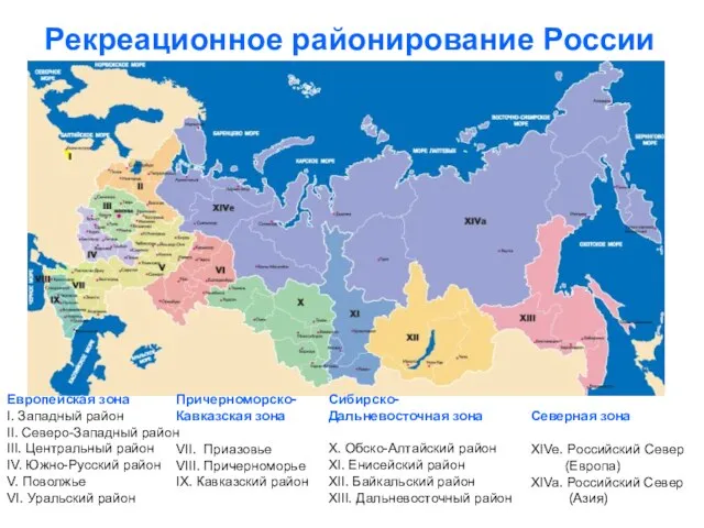 Рекреационное районирование России Европейская зона I. Западный район II. Северо-Западный