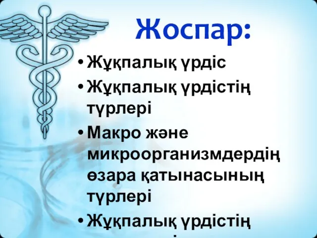 Жоспар: Жұқпалық үрдіс Жұқпалық үрдістің түрлері Макро және микроорганизмдердің өзара қатынасының түрлері Жұқпалық үрдістің патогенезі