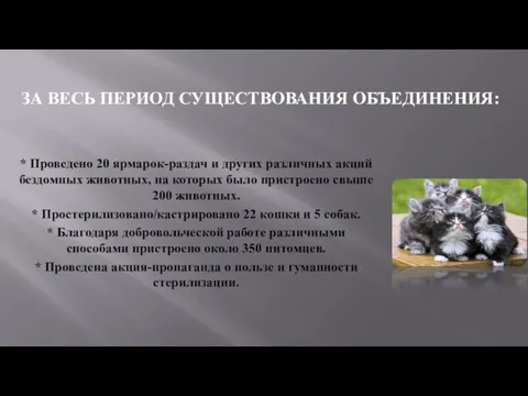 ЗА ВЕСЬ ПЕРИОД СУЩЕСТВОВАНИЯ ОБЪЕДИНЕНИЯ: * Проведено 20 ярмарок-раздач и