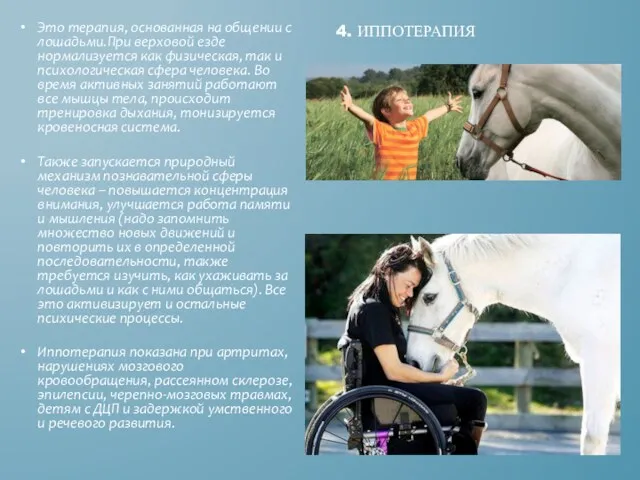 4. ИППОТЕРАПИЯ Это терапия, основанная на общении с лошадьми.При верховой