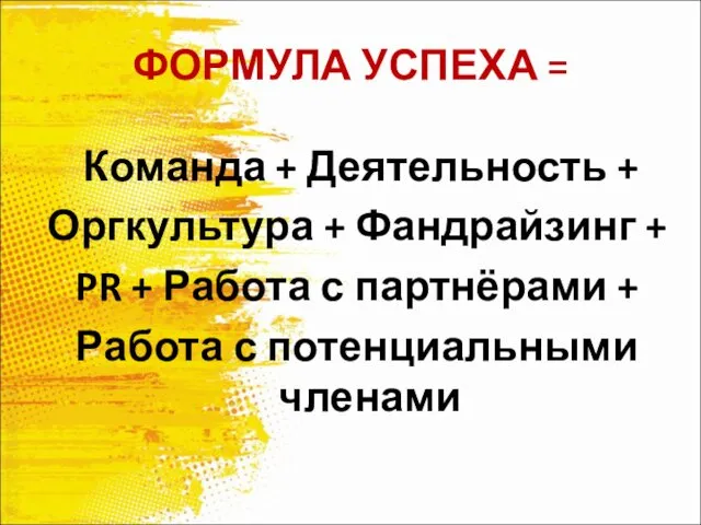 ФОРМУЛА УСПЕХА = Команда + Деятельность + Оргкультура + Фандрайзинг