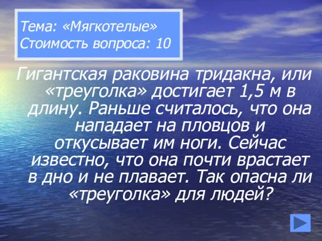 Тема: «Мягкотелые» Стоимость вопроса: 10 Гигантская раковина тридакна, или «треуголка»