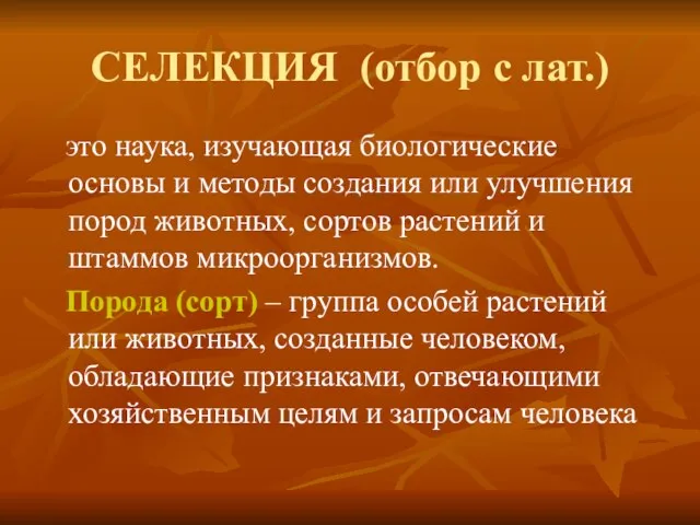 СЕЛЕКЦИЯ (отбор с лат.) это наука, изучающая биологические основы и методы создания или