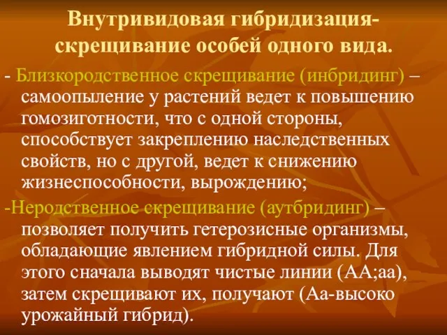 Внутривидовая гибридизация-скрещивание особей одного вида. - Близкородственное скрещивание (инбридинг) – самоопыление у растений