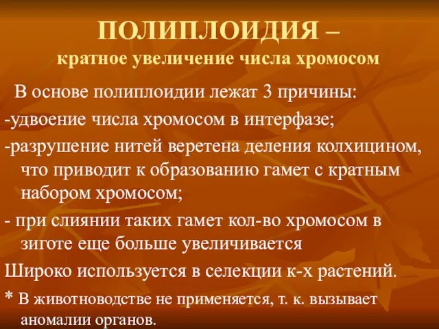 ПОЛИПЛОИДИЯ – кратное увеличение числа хромосом В основе полиплоидии лежат 3 причины: -удвоение