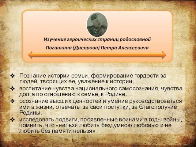 Познание истории семьи, формирование гордости за людей, творящих её, уважение