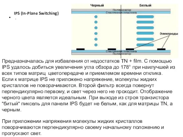 . IPS (In-Plane Switching) Предназначалась для избавления от недостатков TN