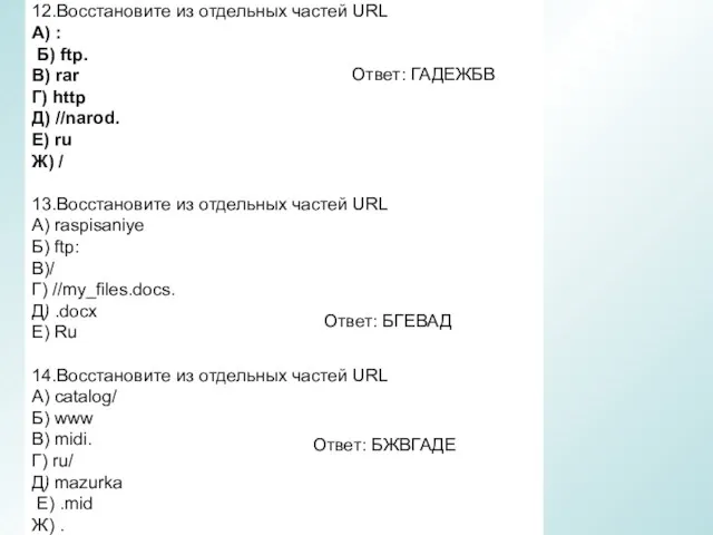 12.Восстановите из отдельных частей URL A) : Б) ftp. B)