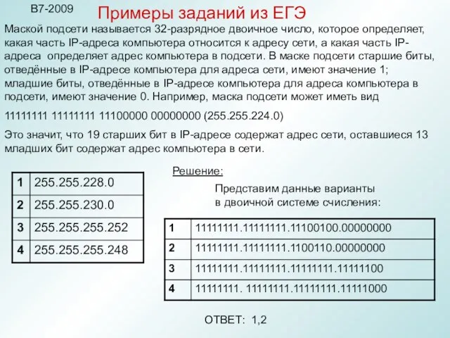 В7-2009 Маской подсети называется 32-разрядное двоичное число, которое определяет, какая