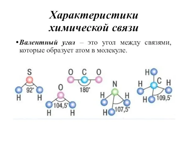 Характеристики химической связи Валентный угол – это угол между связями, которые образует атом в молекуле.