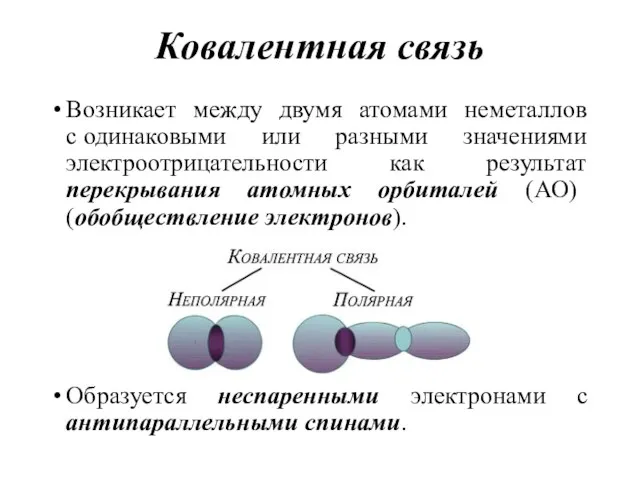 Ковалентная связь Возникает между двумя атомами неметаллов с одинаковыми или