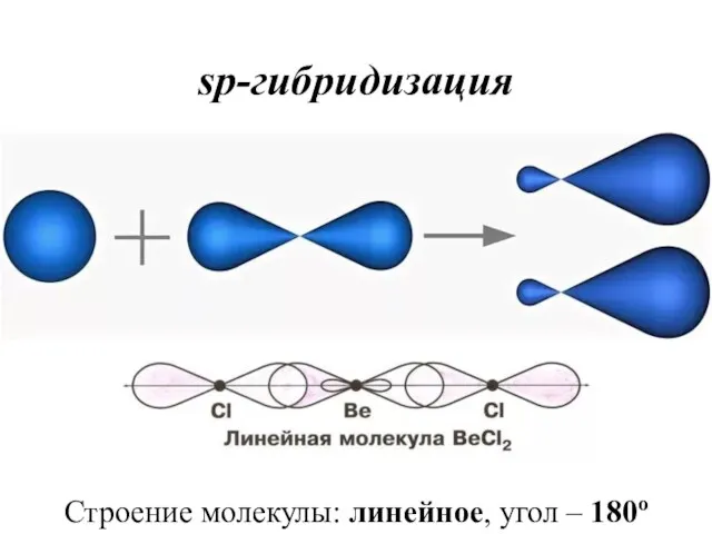 sp-гибридизация Строение молекулы: линейное, угол – 180о