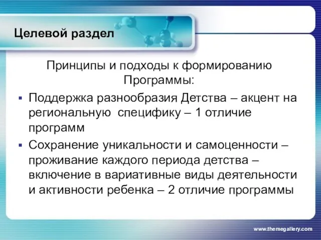 Целевой раздел Принципы и подходы к формированию Программы: Поддержка разнообразия