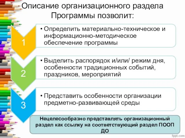 Описание организационного раздела Программы позволит: Нецелесообразно представлять организационный раздел как ссылку на соответствующий раздел ПООП ДО