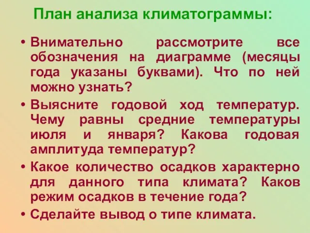 План анализа климатограммы: Внимательно рассмотрите все обозначения на диаграмме (месяцы года указаны буквами).