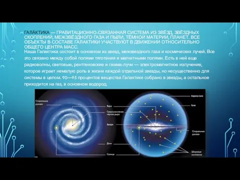 ГАЛА́КТИКА — ГРАВИТАЦИОННО-СВЯЗАННАЯ СИСТЕМА ИЗ ЗВЁЗД, ЗВЁЗДНЫХ СКОПЛЕНИЙ, МЕЖЗВЁЗДНОГО ГАЗА
