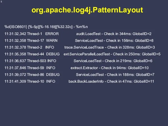 org.apache.log4j.PatternLayout %d{ISO8601} [%-5p][%-16.16t][%32.32c] - %m%n 11:31:32,342 Thread-1 ERROR audit.LoadTest -