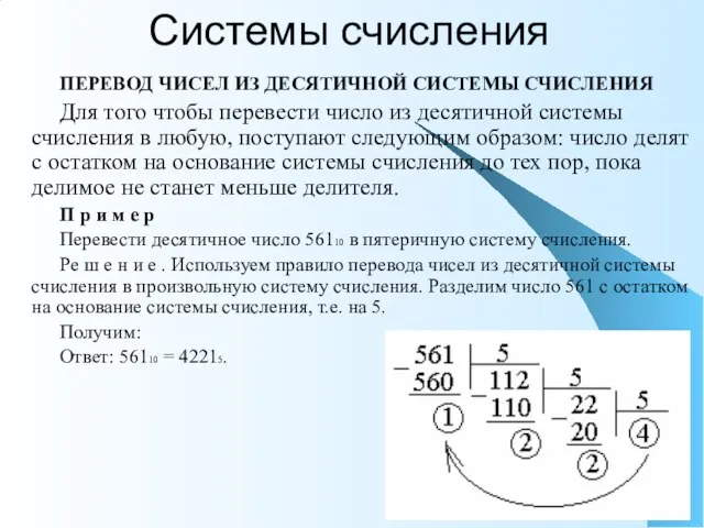 Системы счисления ПЕРЕВОД ЧИСЕЛ ИЗ ДЕСЯТИЧНОЙ СИСТЕМЫ СЧИСЛЕНИЯ Для того