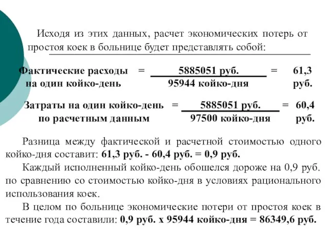 Исходя из этих данных, расчет экономических потерь от простоя коек