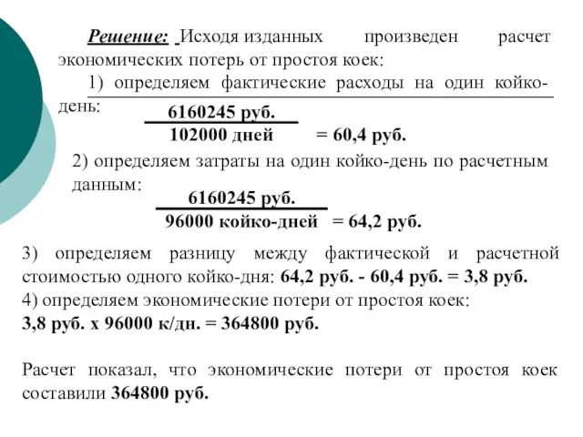 Решение: Исходя из данных произведен расчет экономических потерь от простоя