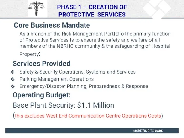 PHASE 1 – CREATION OF PROTECTIVE SERVICES Core Business Mandate