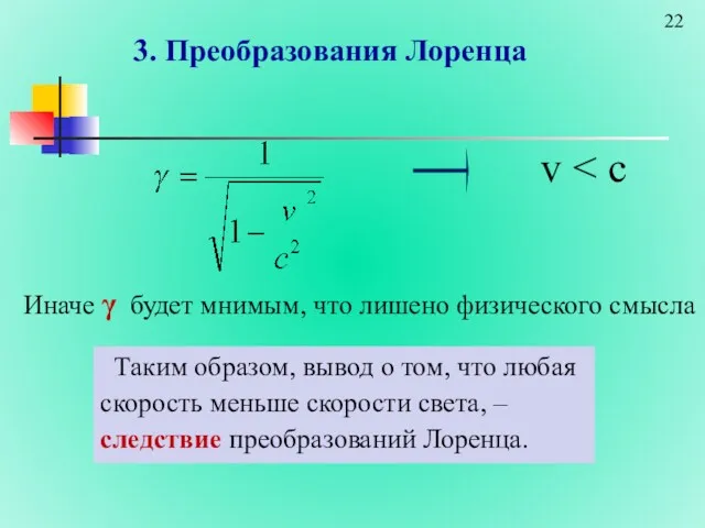 3. Преобразования Лоренца v Иначе γ будет мнимым, что лишено