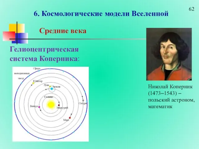 6. Космологические модели Вселенной Средние века Гелиоцентрическая система Коперника: Николай Коперник (1473–1543) – польский астроном, математик