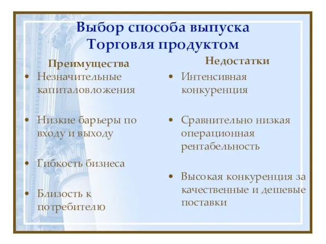 Выбор способа выпуска Торговля продуктом Преимущества Незначительные капиталовложения Низкие барьеры по входу и