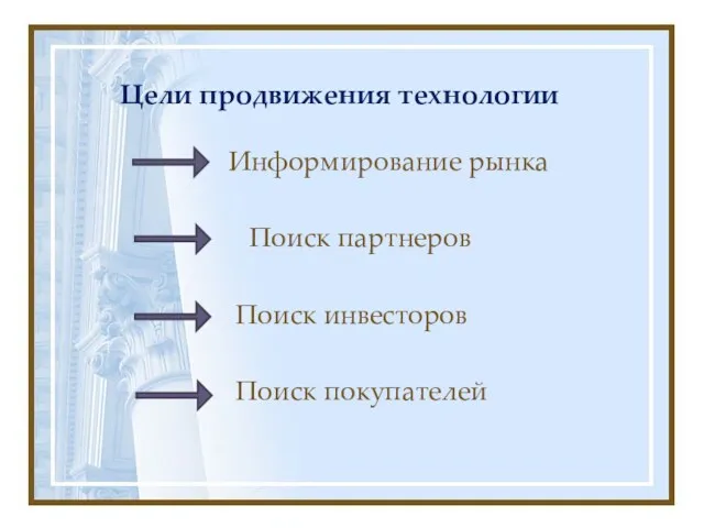 Цели продвижения технологии Информирование рынка Поиск партнеров Поиск инвесторов Поиск покупателей