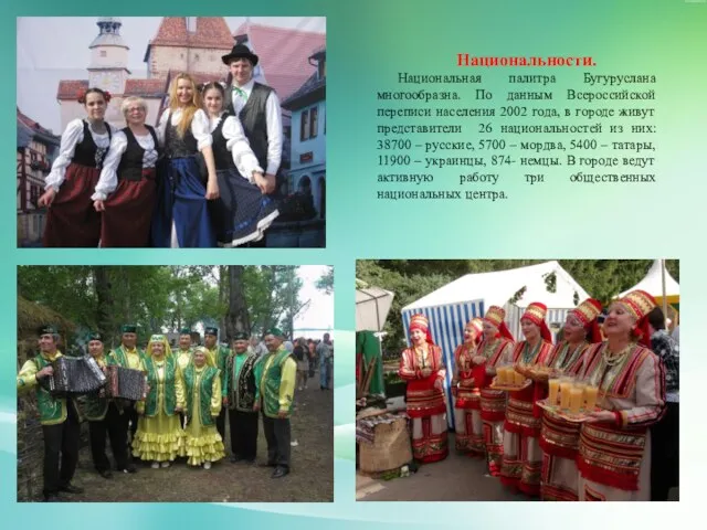 Национальности. Национальная палитра Бугуруслана многообразна. По данным Всероссийской переписи населения
